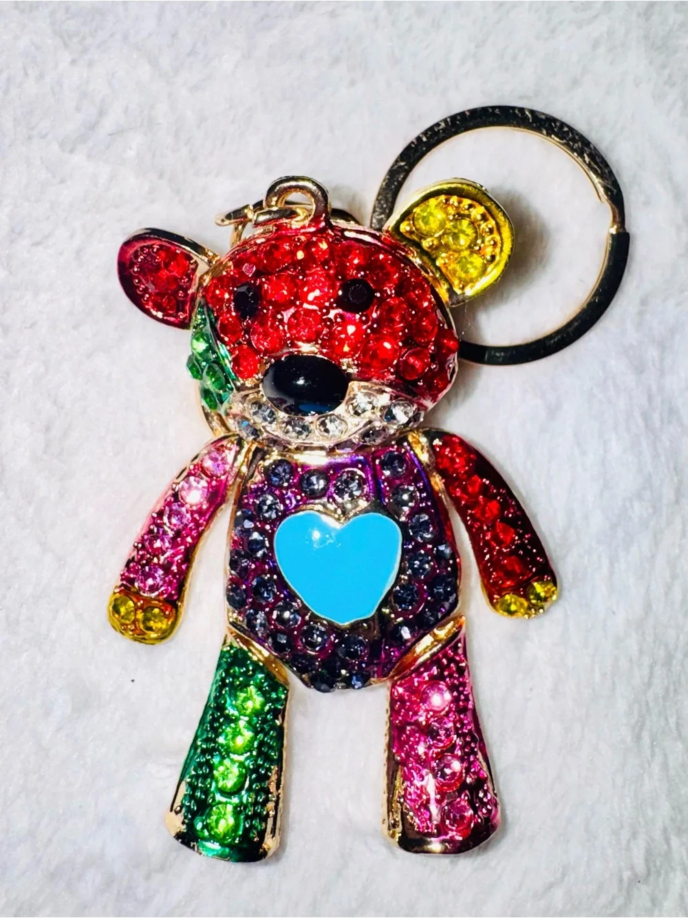 Unbranded Sparkling Multicolor Teddy Bear Keychain with Blue Heart new